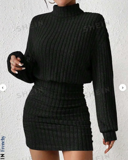 Ribbed Knit Turtleneck Dress