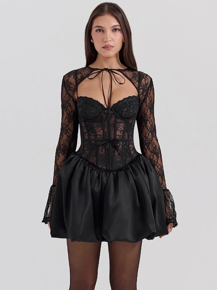 Lace-Up Corset Puff Dress