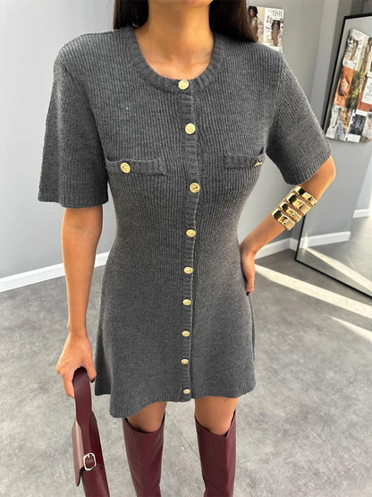 Ribbed Knit Button-Up Dress