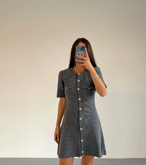 Ribbed Knit Button-Up Dress