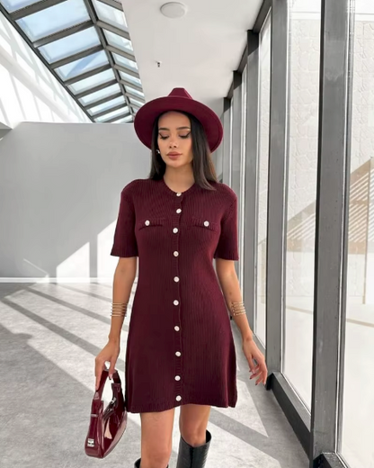 Ribbed Knit Button-Up Dress