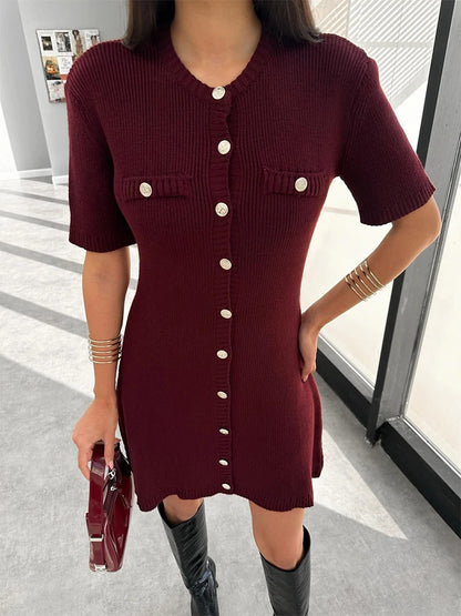 Ribbed Knit Button-Up Dress