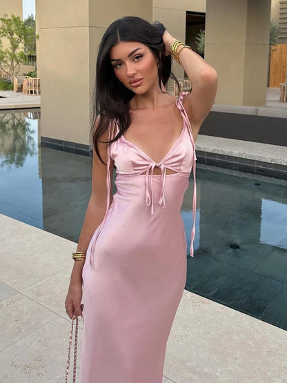 Pink Satin Lace-Up Dress